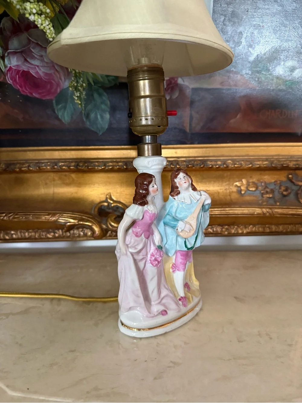 Porcelain Figurine Table Lamp in Cream, Pink and Blue - Unbranded